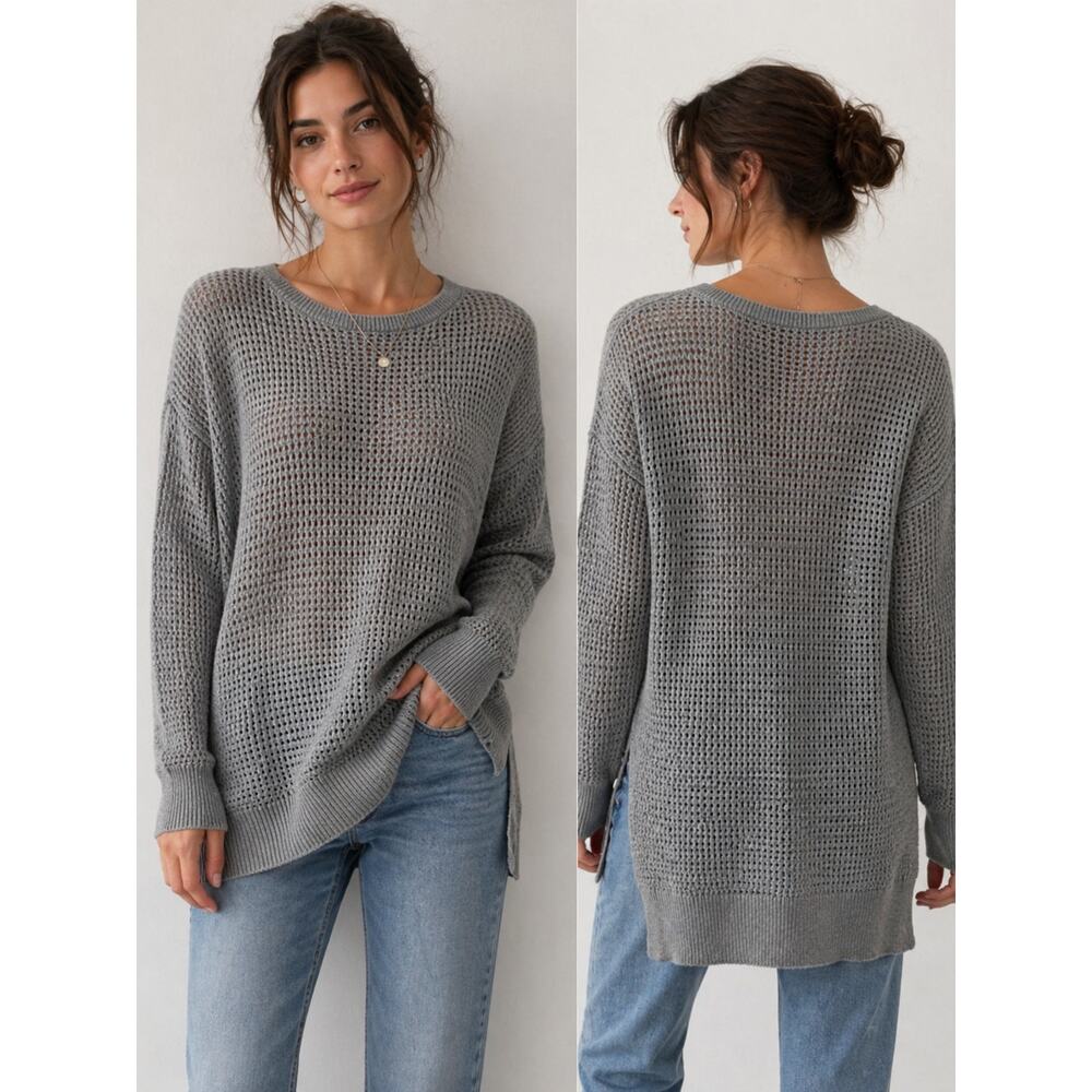 Sisley Grey Open Weave Crewneck Sweater Oversized Lightweight Medium